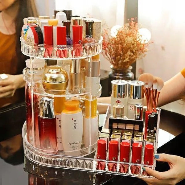 360 Rotating Jewelry Organizer with Dual Lipstick Tray Holder