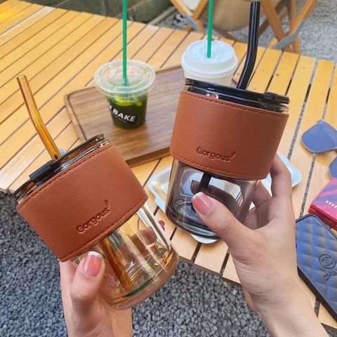 Bamboo Joint Glass Cup with Glass Straw and Leather Grip