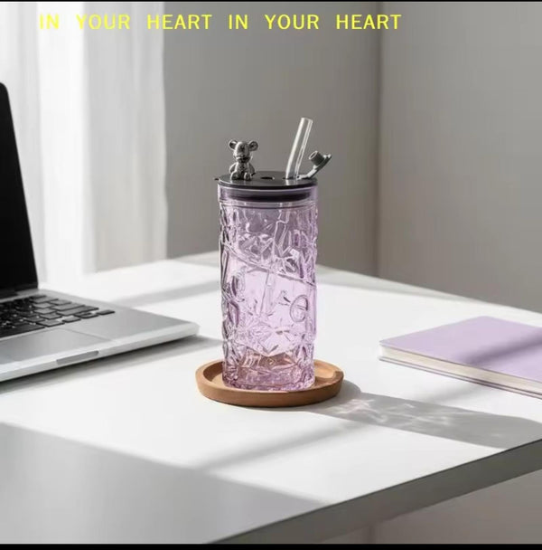 Diamond Glass Cup with Lid and Straw - Bear Design